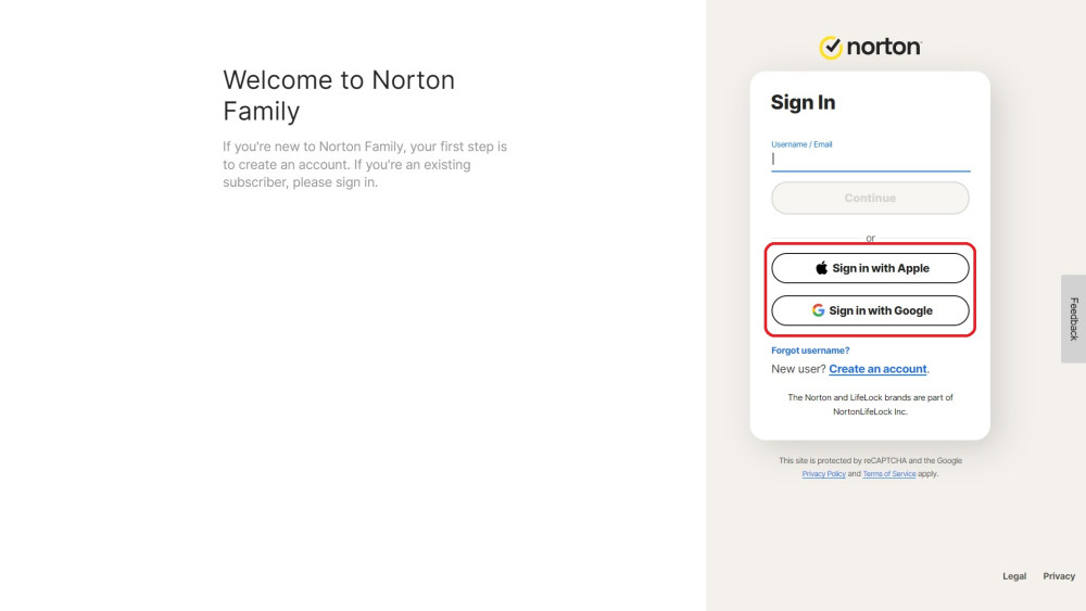 Norton Family login using Apple or Google